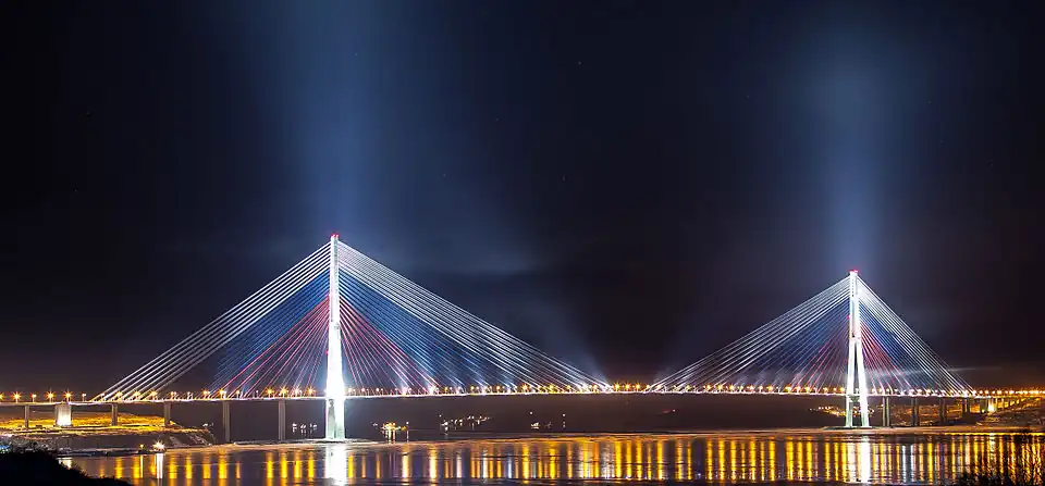 The Russky Bridge in Vladivostok has a central span of 1,104 metres (3,622 ft), the world's longest cable-stayed bridge span as of 2024.