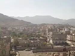 Mountains to the west of southern Sana'a, Yemen. Jabal An-Nabi Shu'ayb is behind the mountain in the background.