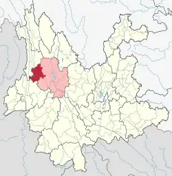 Location of Yunlong County (red) and Dali Prefecture (pink) within Yunnan