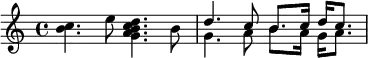 {
<< \clef treble
\relative c'' {
\time 4/4
\stemNeutral <b c>4. e8 <g, a b c d>4. b8
\stemUp d4. c8 b8. c16 d c8.
} \\ \relative c'' {
s1
g4. a8 b8. a16 g a8.
}
>>
}