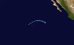 A map of the path of a tropical depression well off the Pacific coast of Mexico. The system moves to the west-northwest at first, before gradually curving to the west-southwest.