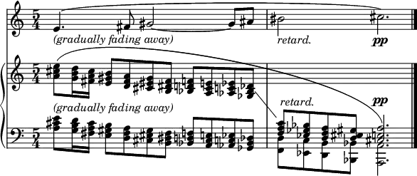   <<
    \new Staff \with {
    \override VerticalAxisGroup.default-staff-staff-spacing.padding = #3
	}
	\relative c' {
	\override VerticalAxisGroup.staff-staff-spacing.basic-distance = #100
    \set Score.tempoHideNote = ##t
    \numericTimeSignature
    \tempo 4 = 66
    \set Staff.midiInstrument = #&quot;alto sax&quot;
    \time 5/4 
    e4.-\markup {\italic &quot;(gradually fading away)&quot;} (fis8 gis2 ~ gis8 ais bis2-\markup {\italic &quot;retard.&quot;} cis2.)\pp
	}
    \new GrandStaff <<
    \new Staff = &quot;a&quot; 
	\relative c'' {
    \set Staff.midiInstrument = #&quot;piano&quot;
    \showStaffSwitch
	\override Slur.details.edge-attraction-factor = 1000 <a cis e>8 (<g b d>16 <fis a cis> <e gis b>8 [<d fis a> <cis eis gis> <b dis fis>] <bes d f> [<a cis e> <aes c ees> <ges bes des>] 
    \change Staff = &quot;b&quot;
    \stemUp
    <f a c>^\markup {\null \raise #4 \italic &quot;retard.&quot;} [<ees ges bes> <d f a> <d eis gis>] \override DynamicLineSpanner.staff-padding = #5.5 <cis e a>2.)^\pp 
 }
	\new Staff = &quot;b&quot; \relative c' {
    \set Staff.midiInstrument = #&quot;piano&quot;
    \clef bass
    <a cis e>8^\markup {\italic &quot;(gradually fading away)&quot;} <g b d>16 <fis a cis> <e gis b>8 [<d fis a> <cis eis gis> <b dis fis>] <bes d f> [<a cis e> <aes c ees> <ges bes des>] 
    \stemDown
    <f d'> [<ees c'> <d b'> <bes bes'>] <a a'>2.
    \bar &quot;|.&quot;
 }
 >>
>>
