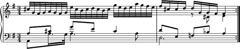 
\new PianoStaff <<
 \new Staff \relative c'' {
  \key g \major \time 3/4
  cis32 g fis g a g fis g e' cis b cis d cis b cis g' e d e a g fis e |
  << { fis16 cis cis d d g, g fis fis4 } \\ { s4 r8 cis d4 } >> | \bar ":|."
 }
 \new Staff <<
  \new Voice \relative c' {
   \key g \major \clef bass \voiceOne
   a8[ cis] g' e cis4 |
   d8[ e,] f bes a4 |
  }
  \new Voice \relative c {
   \voiceTwo
   a8 a'16. g32 a4. a8 |
   d,2. |
  }
 >>
>>
