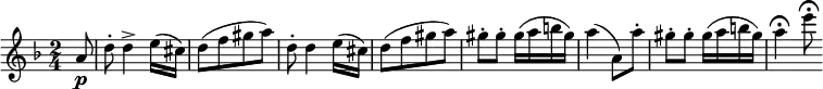 
\relative a' {
  \key d \minor \time 2/4
  \partial 8 a8 \p
  d8-. d4-> e16( cis)
  d8([ f gis a)]
  d,8-. d4 e16( cis)
  d8([ f gis a)]
  gis8-. gis-. gis16( a b gis)
  a4( a,8) a'-.
  gis8-. gis-. gis16( a b gis)
  a4 \fermata e'8 \fermata
} 