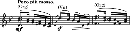 \relative c' \new Staff \with { \remove "Time_signature_engraver" } {
\key bes \major \time 2/4 \tempo "Poco più mosso."
<<
{
<d' bes d,>8.\mf ^\markup (Org) ( <c a>16 <bes g> <a fis> d, <fis c>) s2
<f' d f,>8. ^\markup (Org) ( <es bes~>16 <d bes> <c f,~> f, <a c>)
}
\\
{ s2 \voiceOne \acciaccatura d,8 d'8.\sf ^\markup (Vn) ( c16) bes\>( a) d,( es\!) s2 }
>>
}