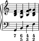 {
\override Score.TimeSignature #'stencil = ##f
\new PianoStaff <<
\new Staff <<
\relative c' {
\clef treble \time 4/4
<b d f>4 <g d' f> <b f' g > <b d g>
}
>>
\new Staff <<
\relative c {
\clef bass \time 4/4
g4 b d f
}
\figures {
<7>4 <6 5> <4 3> <4 2>
}
>>
>> }