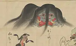 15 Otoroshi (おとろし) is a regional corruption of the word osoroshi, meaning scary, frightening or disheveled.[43][44] It is most commonly depicted in pictures sitting on top of the arches at the entryway of old Shinto shrines.[44] Sometimes called the "Wild-Haired Punisher of the Impious", the Otoroshi acts as a guardian of these shrines and will devour the evil people who try to enter.[43][45] Otoroshi may also live in abandoned homes, demonstrated when someone suddenly grows old passing it.[46] While its appearance is similar to an oni, it is also accepted as a guardian spirit.[46]