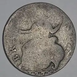 Reverse of evasion halfpenny, showing Britannia and date 1777, incompatible with obverse