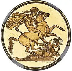 Gold coin showing a naked man, intended to be a knight, battling a dragon