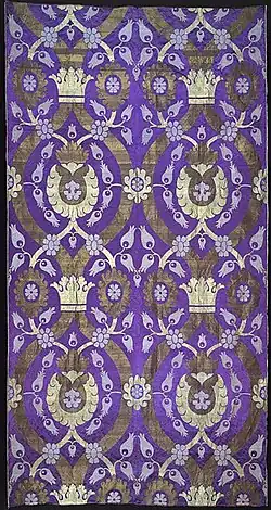 Silk, cotton and gilt-metal-strip-wrapped cotton panel, machine-woven in Scotland c. 1887. The tulip motif is inspired by Turkish textiles.