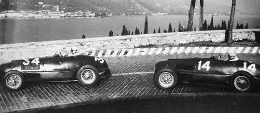 Two Ferrari 166 at Circuito del Garda outside Salò in northern Italy on 24 Ottobre 1948. To the left (entry #34) is the 1948 Ferrari 166 SC s/n 018i driven by its owner Bruno Sterzi (got 2nd place), and on the right (entry #14) is the 1948 Ferrari 166 SC s/n 008i (aka "Ansaloni Spider Corsa SWB") driven by Ferdinando Righetti and/or Clemente Biondetti (became 6th overall).