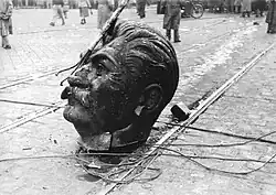 Damaged head of the statue of Joseph Stalin in Budapest, Hungary, in 1956.