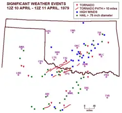 Map of large hail, strong winds, and tornadoes