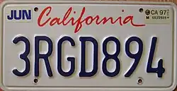 White background with blue text and red text at the top of the plate reading “California”