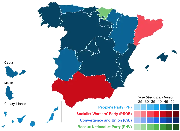 Map of Spain showcasing winning party's strength by autonomous community