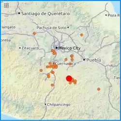 Map of earthquakes as of 22 September, Red mark indicates the mainshock