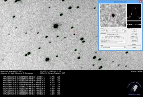 2017 VR12, imaged at Northolt Branch Observatories on 15 February 2018. The asteroid is visible at 17th magnitude at this point, at a distance of 10.4 million km (6.5 million mi) from Earth. The image is inverted (stars appear dark, the background appears light).[7]