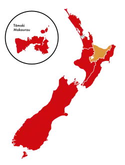 Map of New Zealand with divisions for the Māori electorates, displayed in different colours for political parties.