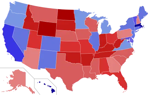 Upper house seats by party holding majority in each state Republican&nbsp;&nbsp;50–60%&nbsp;&nbsp;60–70%&nbsp;&nbsp;70–80%&nbsp;&nbsp;80–90%&nbsp;&nbsp;90–100% Democratic&nbsp;&nbsp;50–60%&nbsp;&nbsp;60–70%&nbsp;&nbsp;70–80%&nbsp;&nbsp;80–90%&nbsp;&nbsp;90–100%