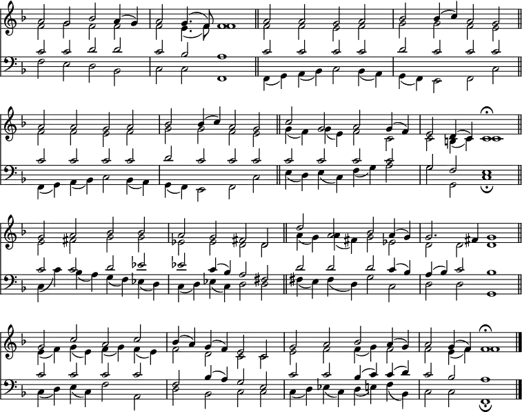 << <<
\new Staff { \clef treble \time 4/2 \key f \major \set Staff.midiInstrument = "flute" \omit Staff.TimeSignature \set Score.tempoHideNote = ##t \override Score.BarNumber #'transparent = ##t
\relative c''
<< { a2 g bes a4( g) | a2 g4.( f8) f1 \bar"||" a2 a g a | bes bes4( c) a2 g \bar"||" %78
a2 a g a | bes bes4( c) a2 g \bar"||" c2 g a g4( f) | e2 d4( c) c1\fermata \bar"||" %87
g'2 a bes bes | a g fis d \bar"||" d' a bes a4( g) | g2. fis4 g1 \bar"||" %87
g2 c a c | bes4( a) g( f) e2 c | g' a bes a4( g) | a2 g4( f) f1\fermata \bar"|." } \\ %87
{ f2 g f f | f e4.( f8) f1 | f2 f e f | g g f e |
f2 f e f | g g f e | g4( f) g( e) f2 c | c b4( c) c1 |
e2 fis g g | es es d d | a'4( g) a( fis) g2 es | d2 d d1 |
e4( f) g( e) f( g) f( e) | f2 d c c | e2 f f4( g) f2 | f2 e4( f) f1 } >>
}
\new Lyrics \lyricmode {
}
\new Staff { \clef bass \key f \major \omit Staff.TimeSignature \set Staff.midiInstrument = "flute"
\relative c'
<< { c2 c d d | c bes a1 | c2 c c c | d c c c |
c2 c c c | d c c c | c c c c | g f e1 |
c'2 c d es | es c4( bes) a2 fis | d' d d c4( bes) | a( bes) c2 bes1 |
c2 c c c | f, bes4( a) g2 e | c' c bes4( c) c( d) | c2 bes a1 } \\
{ f2 e d bes | c c f,1 | f4( g) a( bes) c2 bes4( a) | g( f) e2 f c' |
f,4( g) a( bes) c2 bes4( a) | g( f) e2 f c' | e4( d) e( c) f( g) a2 | g2 g, c1\fermata |
c4( c') bes( a) g( f) es( d) | c( d) es( c) d2 d | fis4( e) fis( d) g2 c, | d d g,1 |
c4( d) e( c) f2 a, | d bes c c | c4( d) es( c) d( e) f( bes,) | c2 c f,1\fermata } >>
}
>> >>
\layout { indent = #0 }
\midi { \tempo 2 = 70 }