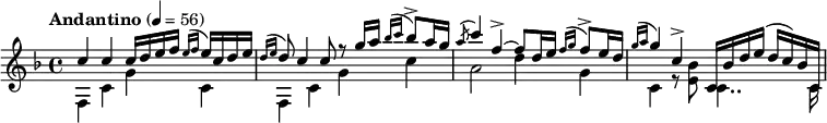 
\relative c' \new Staff {
\key f \major \clef treble \tempo "Andantino" 4 = 56
  \set Staff.midiInstrument = "guitar"
  \time 4/4
<<
\new Voice = "melody"
{\voiceOne c'4 c c16 d e f \grace {(e f} e) c d e   \grace {(d e} d8) c4 c8 r8 g'16 a \grace {(bes c} bes8->) a16 g \acciaccatura a8\glissando c4 f,-> ~ f8 d16 e \grace {(f g} f8->) e16 d \grace {(g a} g4) c,-> c,16 bes' d e (d c) bes c,
}
\new Voice = "bass"
{\voiceTwo f,4 c' g' c, f, c' g' c a2 d4 g, c, r8 <e bes'>8 c4.. c16} 
>>
}
