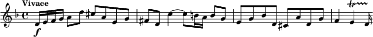 \relative c' {
\time 4/4 \clef treble
\key d \minor
\tempo "Vivace"
d16 \f e f g a8 d cis a e g
fis d c'4~ c8 b16 a b8 g
e g bes d, cis a' d, g
f4 e \startTrillSpan d16 \stopTrillSpan
}