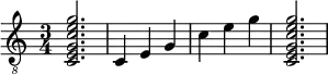 {
\clef "treble_8"
\time 3/4
<c e g c' e' g'>2.
<c >4
<e >4
<g >4
<c' >4
<e' >4
<g' >4
<c e g c' e' g'>2.
}