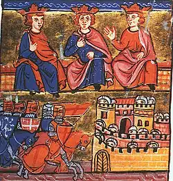 Illustration showing Conrad, Louis and Baldwin at the Council of Acre