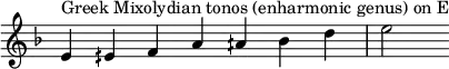  {
\key e \locrian
\override Score.TimeSignature #'stencil = ##f
\relative c' { 
  \clef treble \time 7/4
  e4^\markup { Greek Mixolydian tonos (enharmonic genus) on E } eih f a aih bes d e2
} }
