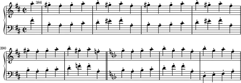 \version "2.14.1"
\layout {
#(layout-set-staff-size 16)
}
\relative c'' {
\new GrandStaff <<
\new Staff {
\override Score.BarNumber.break-visibility = ##(#f #t #t)
\key d \major
\time 2/2
\partial 4 a'4-.
\set Score.currentBarNumber = #386
gis-. fis-. gis-. a-.
\override Score.BarNumber.break-visibility = ##(#f #f #t)
b-. gis-. a-. fis-.
gis-. fis-. gis-. a-.
b-. gis-. a-. fis-. \break
gis-. fis-. gis-. a-.
b-. gis-. a-. f-. \bar "||"
\key f \major
g-. f-. g-. a-.
\repeat unfold 2 { bes-. g-. a-. f-. }
}
\new Staff {
\clef bass
\key d \major
fis,4-.
\repeat unfold 2 { b,-. a-. b-. cis-. d-. eis-. fis-. a,-. }
b-. a-. b-. cis-.
d-. f-. f-. a,-.
\key f \major
bes-. a-. bes-. c-.
d-. f-. f-. a,-.
d,-. e-. f-. a-.
}
>>
}