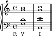\new PianoStaff <<
\new Staff <<
\new Voice \relative c'' {
\stemUp \clef treble \key c \major \time 4/4
b1 c
}
\new Voice \relative c'' {
\stemDown
g1 g
}
>>
\new Staff <<
\new Voice \relative c' {
\stemUp \clef bass \key c \major \time 4/4
d1 e
}
\new Voice \relative c' {
\stemDown
g1_\markup { \concat { \translate #'(-4 . 0) { "C: V" \hspace #7 "I" } } }
c, \bar "||"
}
>>
>>