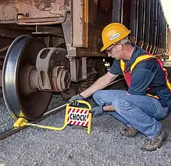Railroad wheel chock installed under gondola car