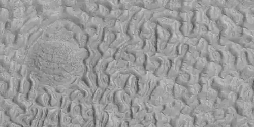 Brain terrain being formed, as seen by HiRISE under HiWish program Image location is Ismenius Lacus quadrangle.