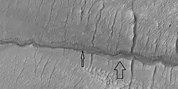 Close view of gully channels, as seen by HiRISE under HiWish program Arrows point to small channel within larger channels.