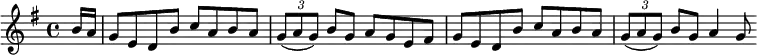 % key and articulations from Petrie collection
\new Score {
\new Staff {
\relative c'' {
\clef treble
\key g \major
\time 4/4
\partial 16*2 b16 a |
g8 e d b' c a b a |
\times 2/3 { g8( a g) } b8 g a g e fis |
g8 e d b' c a b a |
\times 2/3 { g8( a g) } b8 g a4 g8
}
}
}