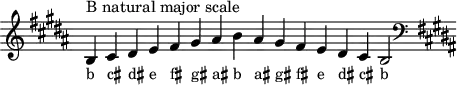 \header { tagline = ##f }
scale = \relative b { \key b \major \omit Score.TimeSignature
b^"B natural major scale" cis dis e fis gis ais b ais gis fis e dis cis b2 \clef F \key b \major }
\score { { << \cadenzaOn \scale \context NoteNames \scale >> } \layout { } \midi { } }