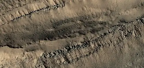 Close, color view of layers in a trough, as seen by HiRISE under HiWish program
