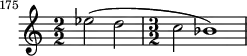 \relative c'' {
\set Score.tempoHideNote = ##t
\tempo 2 = 44
\set Score.currentBarNumber = #175
\bar ""
\set Staff.midiInstrument = #"flute"
\transposition g
\numericTimeSignature
\time 2/2 ees2( d2
\time 3/2 c2 bes1)
}