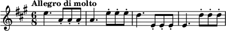 \relative a'' {
\key a \major
\time 6/8
\tempo "Allegro di molto"
\tempo 8 = 360
e4. a,8\staccato a\staccato a\staccato a4. e'8\staccato e\staccato e\staccato d4. e,8\staccato e\staccato e\staccato e4. d'8\staccato d\staccato d\staccato
}