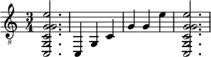 {
\clef "treble_8"
\time 3/4
<c, g, c g g e'>2.
<c, >4
<g, >4
<c >4
<g >4
<g >4
<e' >4
<c, g, c g g e'>2.
}