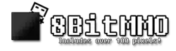 The logo for the MMO 8BitMMO, featuring a large black square on the left that has a black pixelated gradient on it, a player character peaking out from the top right corner of it, the text 8BitMMO on the right, and the tagline "Includes over 100 pixels!" underneath.