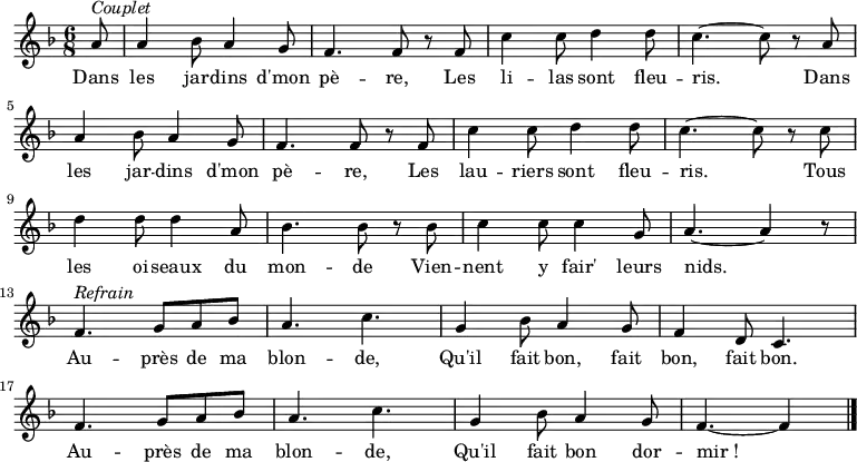 \new Staff {
\relative c'' {
\key f \major
\numericTimeSignature
\time 6/8
\partial 8
a8^ \markup { \italic Couplet }
a4 bes8 a4 g8
f4. f8 r f
c'4 c8 d4 d8
c4. ~ c8 r a \break
a4 bes8 a4 g8
f4. f8 r f
c'4 c8 d4 d8
c4. ~ c8 r c \break
d4 d8 d4 a8
bes4. bes8 r bes
c4 c8 c4 g8
a4. ~ a4 r8 \break
f4.^ \markup { \italic Refrain } g8 a bes
a4. c
g4 bes8 a4 g8
f4 d8 c4. \break
f g8 a bes
a4. c
g4 bes8 a4 g8
f4. ~ f4 \bar "|."
} }
\addlyrics {
\lyricmode {
Dans les jar -- dins d'mon pè -- re,
Les li -- las sont fleu -- ris.
Dans les jar -- dins d'mon pè -- re,
Les lau -- riers sont fleu -- ris.
Tous les oi -- seaux du mon -- de
Vien -- nent y fair' leurs nids.
Au -- près de ma blon -- de,
Qu'il fait bon, fait bon, fait bon.
Au -- près de ma blon -- de,
Qu'il fait bon dor -- mir_!
} }
\midi {
\context {
\Score
tempoWholesPerMinute = #(ly:make-moment 360 8)
}
}