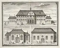 Front elevation of Portugese Binnenkerk (bottom left) and Buitenkerk (bottom right) in the 1724 publication by François Valentijn.