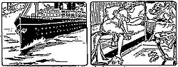 Two panels from a comic strip. In the first panel, a nurse watches as a young boy urinates, and an ocean liner tavels through the mass of urine. In the second panel, the nurse awakens in her bed to the child's crying.