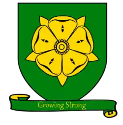 A coat of arms showing a golden rose with five petals on a green field