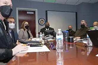 U.S. Secretary of Defense Lloyd Austin and Chairman of the Joint Chiefs of Staff Mark Milley observe from the Pentagon the raid that killed al-Qurashi