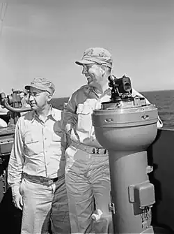 Admiral Radford with Captain Joseph "Jocko" Clark (left side) (Cherokee) on the USS Yorktown in 1943