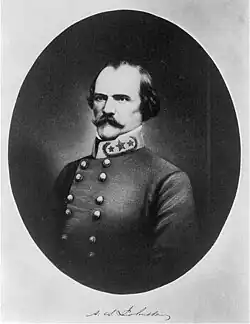 Confederate Civil War general with mustache and hair covering his ears
