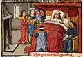 Folio 95v.: Alexander on his deathbed, surrounded by mourners, and dictating his will to his notary.