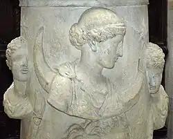 The Moon-goddess Selene or Luna accompanied by the Dioscuri, or Phosphoros (the Morning Star) and Hesperos (the Evening Star). Marble altar, Roman artwork, 2nd century AD. From Italy.
